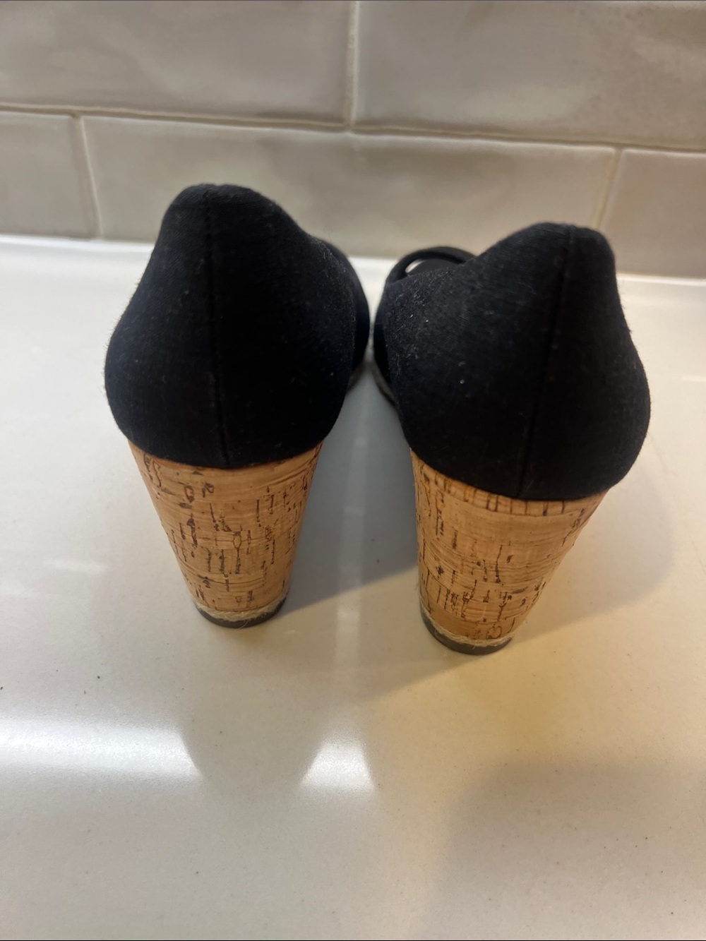 Black Peep-Toe Cork Wedge Heels - Picture 4 of 8